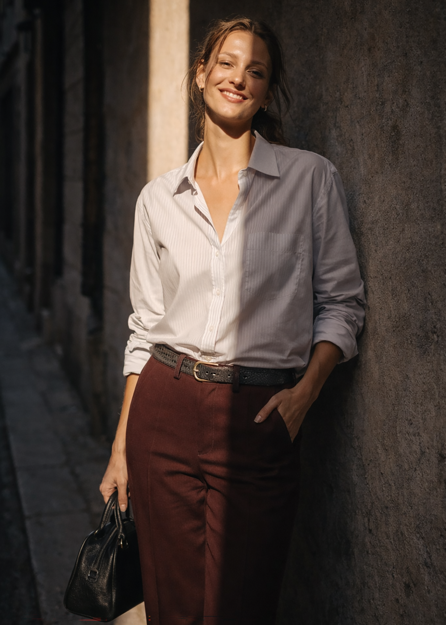 Embossed snakeskin leather belt with gold buckle, worn over white shirt and burgundy trousers.